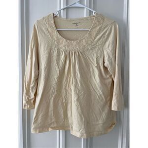 Croft and Barrow light yellow embroidered scoop neck top 3/4 sleeves L